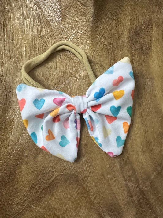 Colorful hearts white bow headband